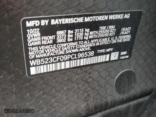 2023 BMW iX xDrive50 with VIN WB523CF09PCL96538, listed as a Copart auction lot 44728454 with 33,929 mi miles. Bid and sale history available at carsss.com. Image 12.