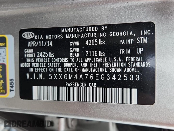 2014 Kia Optima LX with VIN 5XXGM4A76EG342533, listed as a Copart auction lot 59279775 with 108,598 mi miles and Salvage title. Bid and sale history available at DreamBid. Image 12.
