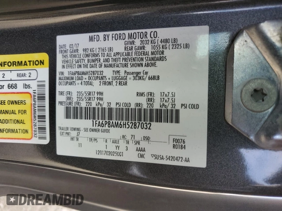 2017 Ford Mustang V6 with VIN 1FA6P8AM6H5287032, listed as a Copart auction lot 50973275 with 98,477 mi miles and Salvage Title. Bid and sale history available at carsss.com. Image 12.