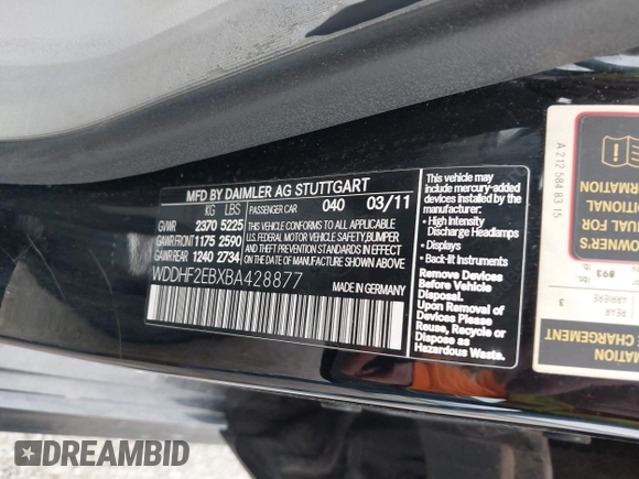 2011 Mercedes-Benz E 350 Luxury with VIN WDDHF2EBXBA428877, listed as a IAAI auction lot 42138068 with 131,103 mi miles and . Bid and sale history available at DreamBid. Image 9.