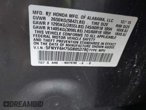 2016 Honda Pilot EX-L with VIN 5FNYF6H75GB053780, listed as a IAAI auction lot 41340590 with 203,190 mi miles. Bid and sale history available at carsss.com. Image 9.