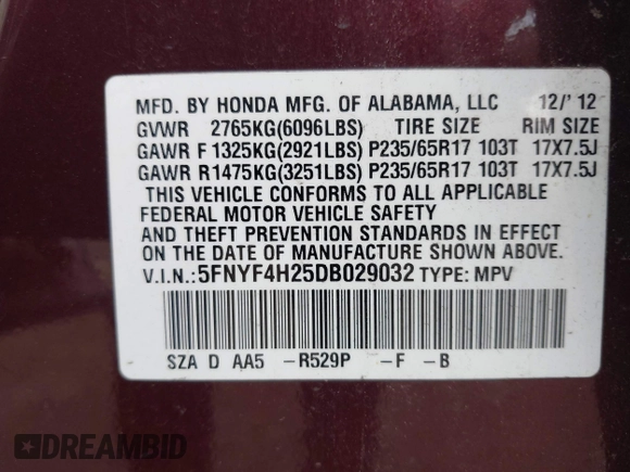 2013 Honda Pilot LX with VIN 5FNYF4H25DB029032, listed as a IAAI auction lot 42661736 with 128,096 mi miles and . Bid and sale history available at DreamBid. Image 9.