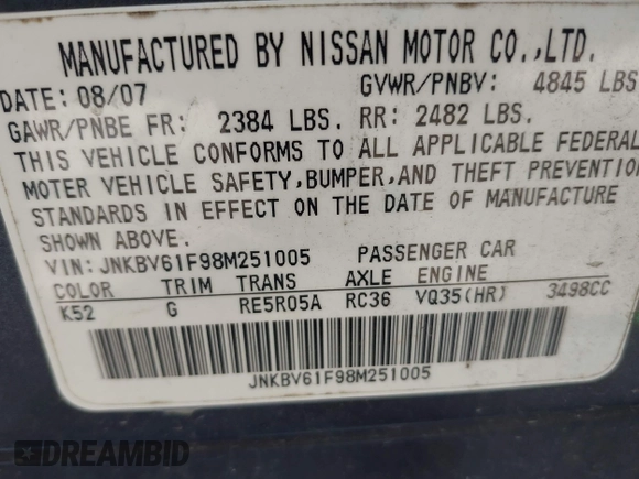 2008 Infiniti G35 Sedan x with VIN JNKBV61F98M251005, listed as a IAAI auction lot 42063204 with 261,387 mi miles. Bid and sale history available at carsss.com. Image 9.