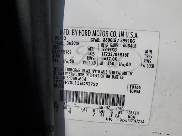 2003 Ford F-250 XL with VIN 1FTNF20L13ED53722, listed as a Copart auction lot 76193674 with Not provided miles and Salvage title. Bid and sale history available at DreamBid. Image 13.
