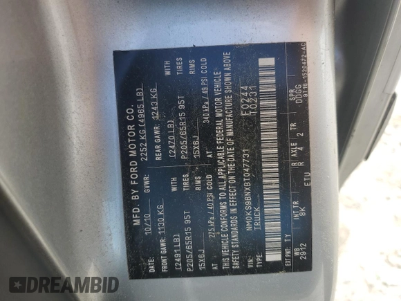 2011 Ford Transit Connect XLT with VIN NM0KS9BNXBT047731, listed as a Copart auction lot 56378815 with 115,061 mi miles and Salvage title. Bid and sale history available at DreamBid. Image 13.