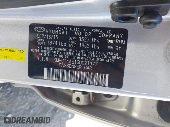 2016 Hyundai Accent SE with VIN KMHCT4AE1GU021377, listed as a IAAI auction lot 40587822 with 72,297 mi miles and . Bid and sale history available at DreamBid. Image 9.