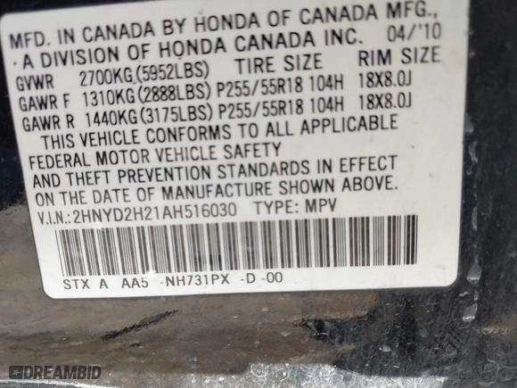 2010 Acura MDX with VIN 2HNYD2H21AH516030, listed as a IAAI auction lot 41758618 with 1 mi miles. Bid and sale history available at carsss.com. Image 9.