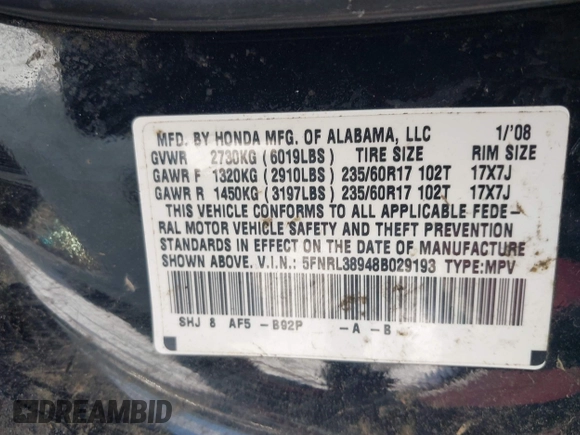 2008 Honda Odyssey Touring with VIN 5FNRL38948B029193, listed as a IAAI auction lot 41618424 with 219,964 mi miles. Bid and sale history available at carsss.com. Image 9.