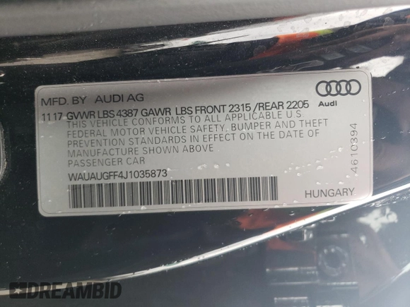 2018 Audi A3 Sedan Premium with VIN WAUAUGFF4J1035873, listed as a Copart auction lot 41270904 with 61,369 mi miles. Bid and sale history available at carsss.com. Image 14.