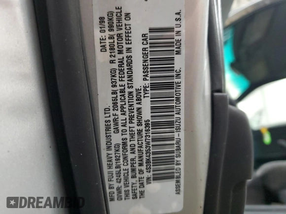 1998 Subaru Legacy L z VIN 4S3BK4353W7316395, wystawiony jako Copart lot #78353654 z przebiegiem 171 047 mil mil oraz Szkoda całkowita • Salvage title. Historia ofert i sprzedaży dostępna na DreamBid. Obrazek 13.