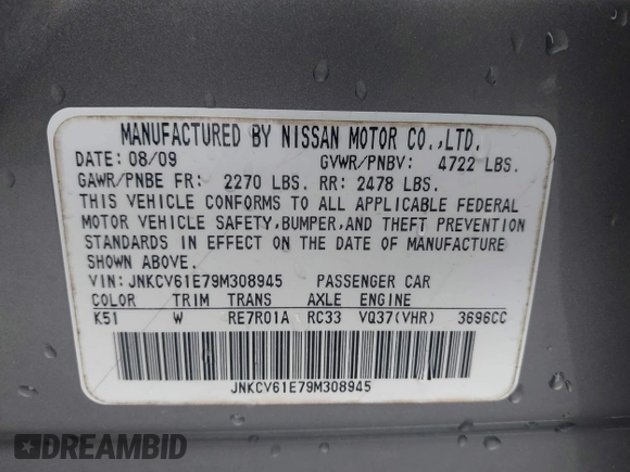 2009 Infiniti G37 Journey with VIN JNKCV61E79M308945, listed as a IAAI auction lot 42059939 with 195,306 mi miles and . Bid and sale history available at carsss.com. Image 9.