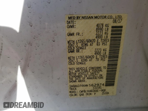 2017 Nissan Titan XD SV with VIN 1N6BA1F4XHN562974, listed as a Copart auction lot 79452174 with 86,414 mi miles and Salvage Title. Bid and sale history available at carsss.com. Image 13.
