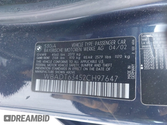 2002 BMW 5 Series 530iA with VIN WBADT63452CH97647, listed as a IAAI auction lot 41258552 with 94,762 mi miles. Bid and sale history available at carsss.com. Image 9.
