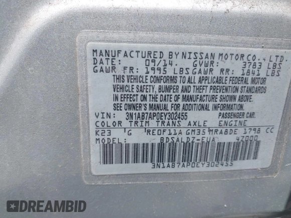 2014 Nissan Sentra SR with VIN 3N1AB7AP0EY302455, listed as a IAAI auction lot 42040948 with 69,558 mi miles and . Bid and sale history available at DreamBid. Image 9.