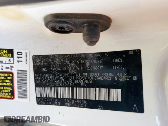 2020 Toyota Sienna LE Auto Access Seat with VIN 5TDKZ3DC8LS044141, listed as a Copart auction lot 52578845 with 248,992 mi miles and Clean Title. Bid and sale history available at carsss.com. Image 13.