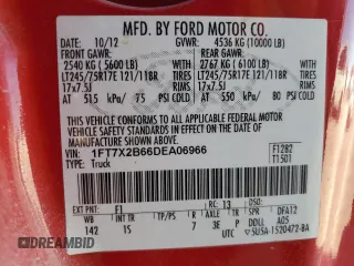 2013 Ford F-250 XL with VIN 1FT7X2B66DEA06966, listed as a Copart auction lot 87857915 with 63,088 mi miles and Clean Title. Bid and sale history available at DreamBid. Image 13.