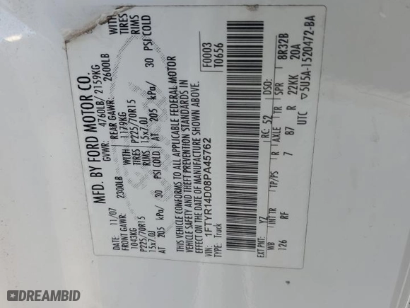 2008 Ford Ranger XL with VIN 1FTYR14D08PA45762, listed as a Copart auction lot 44113575 with 175,040 mi miles and Salvage Title. Bid and sale history available at carsss.com. Image 12.