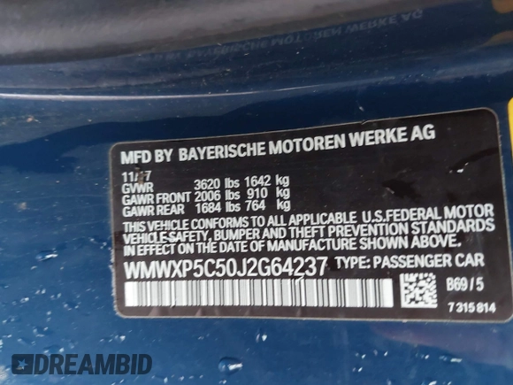 2018 MINI Hardtop Cooper with VIN WMWXP5C50J2G64237, listed as a IAAI auction lot 42460160 with Not provided miles and . Bid and sale history available at DreamBid. Image 9.
