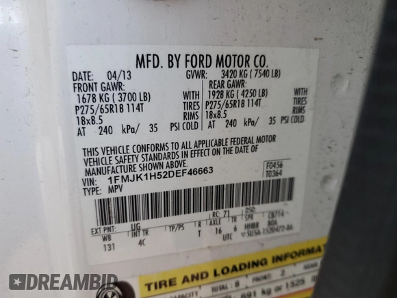 2013 Ford Expedition Max XLT with VIN 1FMJK1H52DEF46663, listed as a Copart auction lot 46062435 with 153,675 mi miles and Salvage title. Bid and sale history available at DreamBid. Image 15.