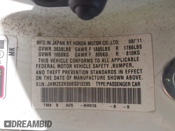 2011 Honda Insight with VIN JHMZE2H30BS012285, listed as a IAAI auction lot 42145139 with 161,672 mi miles and . Bid and sale history available at DreamBid. Image 9.