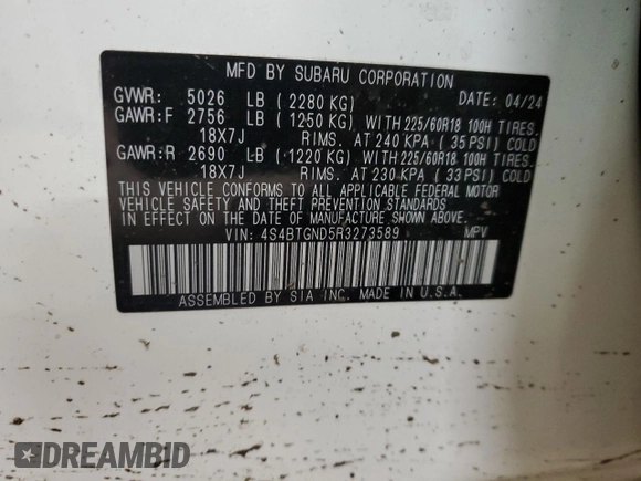 2024 Subaru Outback Limited XT with VIN 4S4BTGND5R3273589, listed as a Copart auction lot 82640314 with 9,312 mi miles and Salvage title. Bid and sale history available at DreamBid. Image 15.