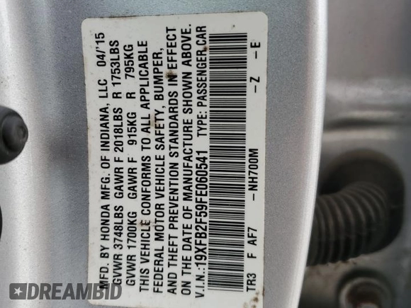 2015 Honda Civic LX z VIN 19XFB2F59FE060541, wystawiony jako Copart lot #58024495 z przebiegiem 76 472 mil mil oraz Szkoda całkowita • Salvage title. Historia ofert i sprzedaży dostępna na DreamBid. Obrazek 12.