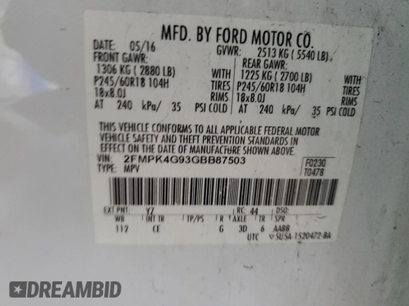 2016 Ford Edge SE with VIN 2FMPK4G93GBB87503, listed as a Copart auction lot 64146735 with Not provided miles and Salvage title. Bid and sale history available at DreamBid. Image 13.