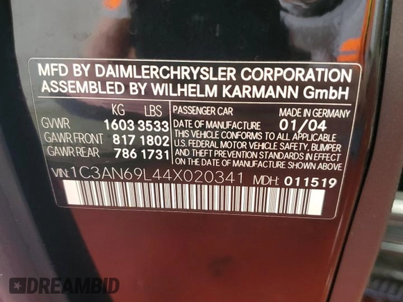 2004 Chrysler Crossfire with VIN 1C3AN69L44X020341, listed as a Copart auction lot 54481875 with 77,622 mi miles and Salvage Title. Bid and sale history available at DreamBid. Image 13.