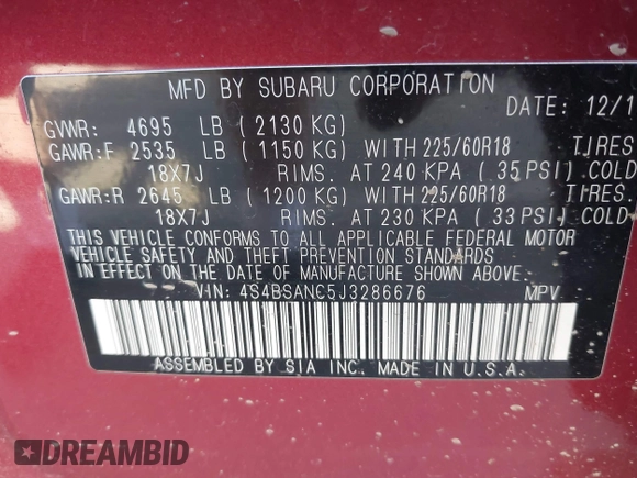 2018 Subaru Outback Limited with VIN 4S4BSANC5J3286676, listed as a IAAI auction lot 42153888 with 82,405 mi miles and . Bid and sale history available at DreamBid. Image 9.