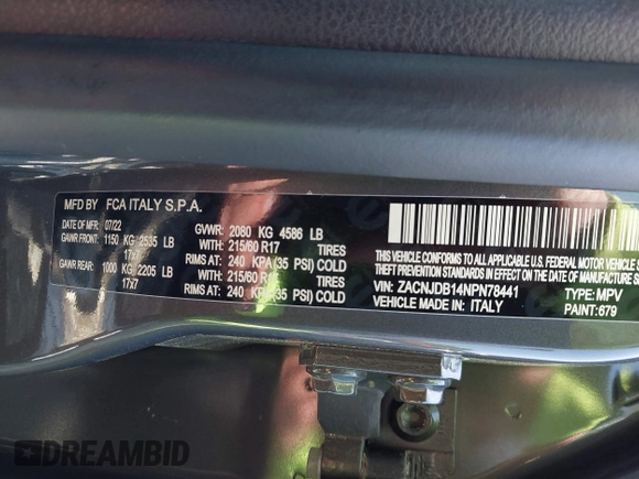 2022 Jeep Renegade Latitude with VIN ZACNJDB14NPN78441, listed as a IAAI auction lot 41997658 with 48,029 mi miles and . Bid and sale history available at DreamBid. Image 9.