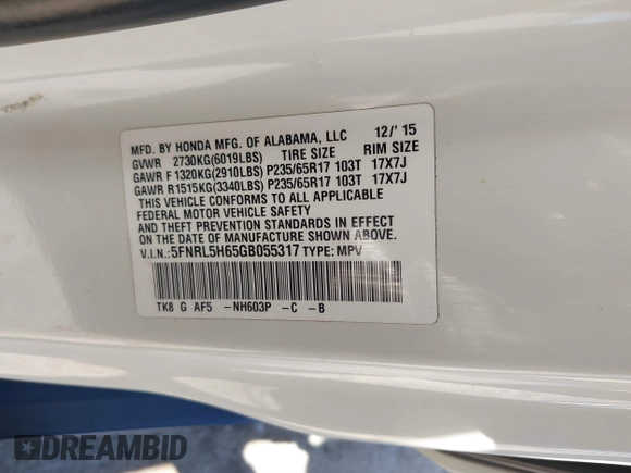2016 Honda Odyssey EX-L z VIN 5FNRL5H65GB055317, wystawiony jako IAAI lot #41825497 z przebiegiem 117 672 mil mil oraz . Historia ofert i sprzedaży dostępna na DreamBid. Obrazek 9.