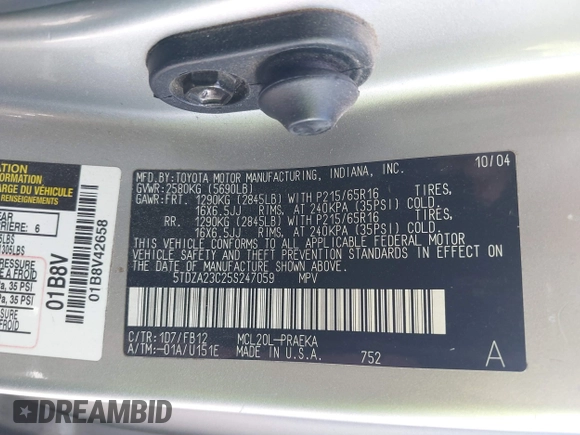 2005 Toyota Sienna CE with VIN 5TDZA23C25S247059, listed as a IAAI auction lot 39799518 with 264,293 mi miles and . Bid and sale history available at DreamBid. Image 9.