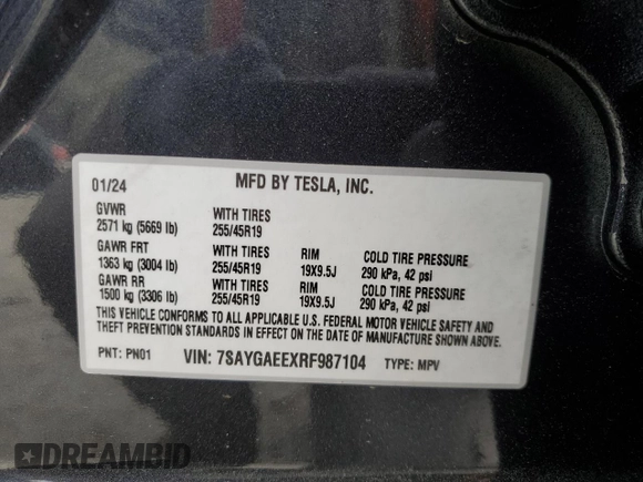 2024 Tesla Model Y Long Range z VIN 7SAYGAEEXRF987104, wystawiony jako Copart lot #54056015 z przebiegiem 24 027 mil mil oraz Szkoda całkowita • Salvage title. Historia ofert i sprzedaży dostępna na DreamBid. Obrazek 12.