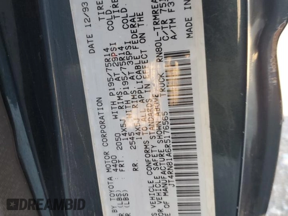 1994 Toyota Pickup z VIN JT4RN81A6R5176565, wystawiony jako Copart lot #86720254 z przebiegiem 200 672 mil mil oraz Szkoda całkowita • Salvage title. Historia ofert i sprzedaży dostępna na DreamBid. Obrazek 12.