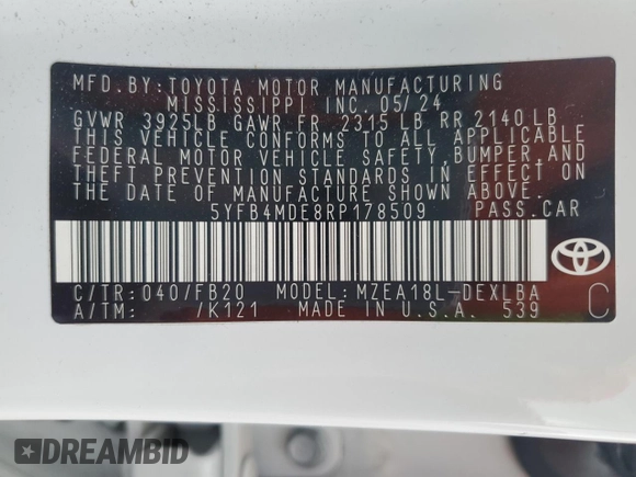2024 Toyota Corolla LE with VIN 5YFB4MDE8RP178509, listed as a Copart auction lot 54526645 with 9,761 mi miles and Clean Title. Bid and sale history available at DreamBid. Image 12.