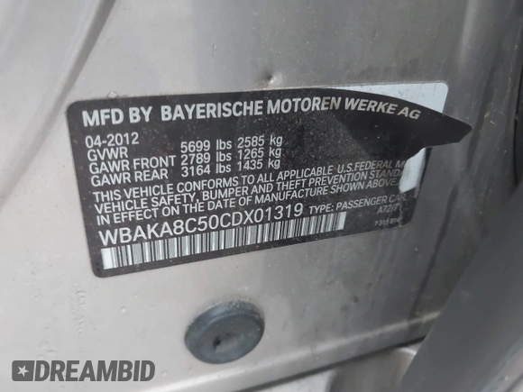 2012 BMW 7 Series 750i with VIN WBAKA8C50CDX01319, listed as a IAAI auction lot 42133359 with 168,986 mi miles and . Bid and sale history available at DreamBid. Image 9.