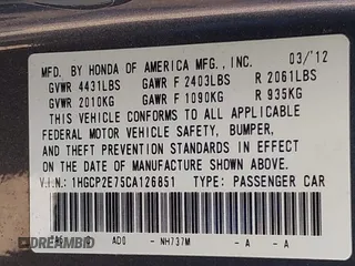 2012 Honda Accord EX with VIN 1HGCP2E75CA126851, listed as a IAAI auction lot 42003144 with 147,735 mi miles and . Bid and sale history available at DreamBid. Image 9.