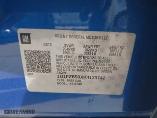 2019 Chevrolet Bolt EV Premier with VIN 1G1FZ6S0XK4133742, listed as a IAAI auction lot 41788786 with 36,649 mi miles. Bid and sale history available at carsss.com. Image 9.