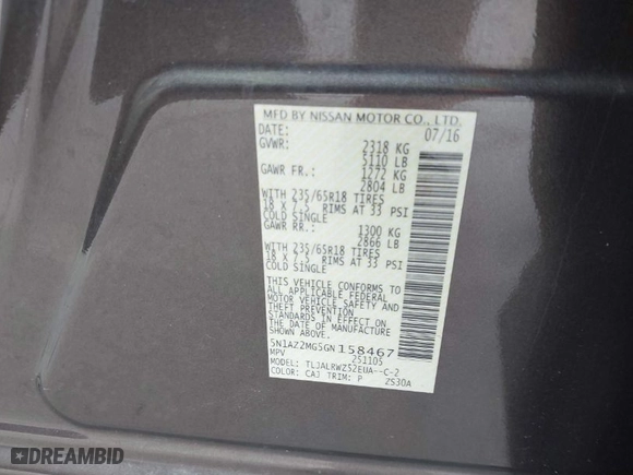 2016 Nissan Murano S with VIN 5N1AZ2MG5GN158467, listed as a IAAI auction lot 41545977 with 143,146 mi miles. Bid and sale history available at carsss.com. Image 9.