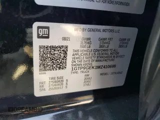 2021 GMC Sierra 1500 with VIN 1GTP9GEK1MZ410699, listed as a Copart auction lot 69913004 with 70,303 mi miles and Salvage Title. Bid and sale history available at DreamBid. Image 12.