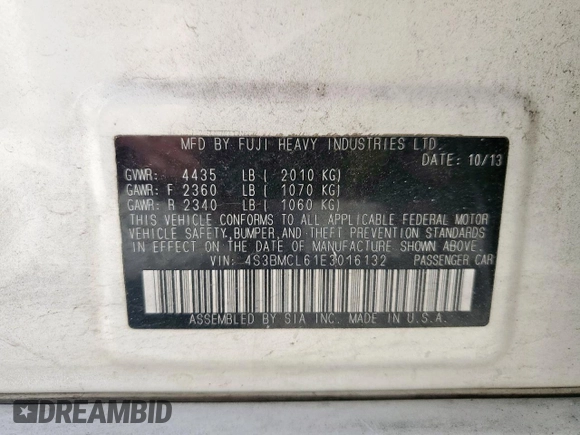 2014 Subaru Legacy Limited with VIN 4S3BMCL61E3016132, listed as a Copart auction lot 62821175 with 146,342 mi miles and Clean title. Bid and sale history available at DreamBid. Image 12.