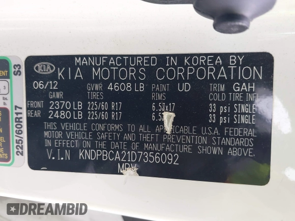 2013 Kia Sportage LX with VIN KNDPBCA21D7356092, listed as a IAAI auction lot 42111086 with 102,521 mi miles and . Bid and sale history available at carsss.com. Image 9.