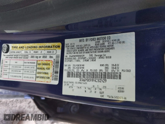 2015 Ford Fusion Titanium with VIN 3FA6P0K99FR283529, listed as a IAAI auction lot 41838984 with 1 mi miles. Bid and sale history available at carsss.com. Image 9.