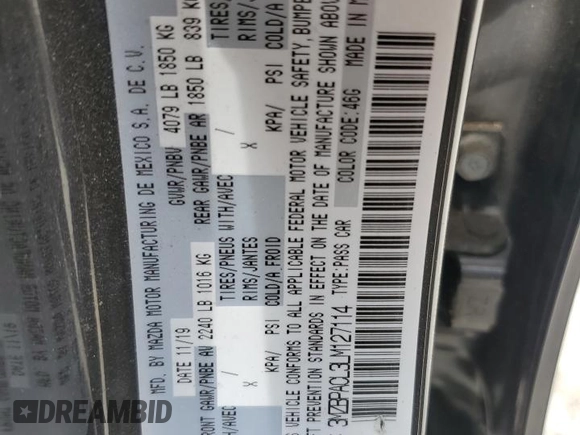 2020 Mazda 3 Select with VIN 3MZBPACL3LM127114, listed as a Copart auction lot 55912505 with 32,047 mi miles and Salvage title. Bid and sale history available at DreamBid. Image 13.