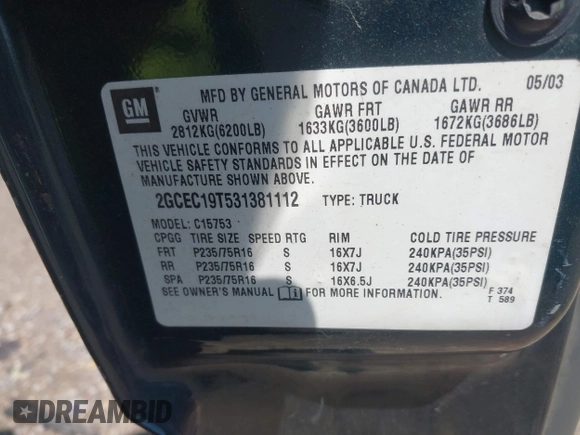 2003 Chevrolet Silverado 1500 with VIN 2GCEC19T531381112, listed as a IAAI auction lot 42144595 with 164,603 mi miles and . Bid and sale history available at DreamBid. Image 9.