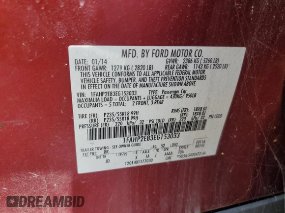 2014 Ford Taurus SEL z VIN 1FAHP2E83EG153033, wystawiony jako Copart lot #55400835 z przebiegiem 96 612 mil mil oraz Szkoda całkowita • Salvage title. Historia ofert i sprzedaży dostępna na DreamBid. Obrazek 13.