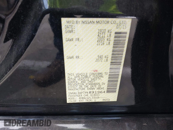 2015 Nissan Altima 2.5 S with VIN 1N4AL3AP7FN891964, listed as a IAAI auction lot 42011031 with 133,863 mi miles. Bid and sale history available at carsss.com. Image 9.