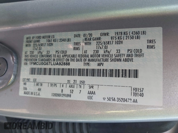 2020 Ford Escape SE z VIN 1FMCU0G67LUA92888, wystawiony jako IAAI lot #42354088 z przebiegiem 77 175 mil mil oraz . Historia ofert i sprzedaży dostępna na DreamBid. Obrazek 9.