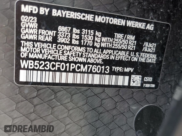 2023 BMW iX xDrive50 with VIN WB523CF01PCM76013, listed as a Copart auction lot 48326965 with 18,923 mi miles and Salvage Title. Bid and sale history available at carsss.com. Image 13.