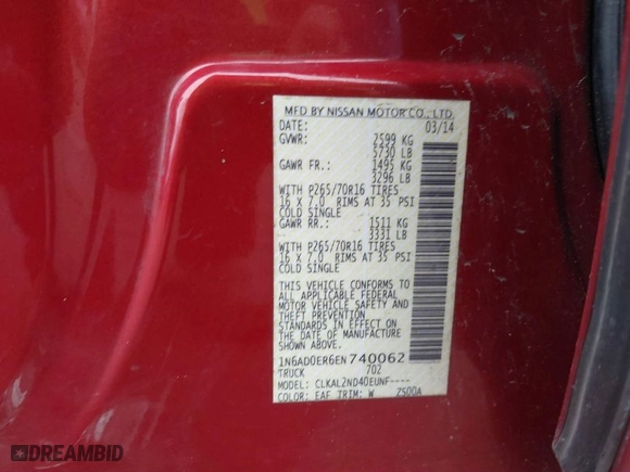 2014 Nissan Frontier SV with VIN 1N6AD0ER6EN740062, listed as a IAAI auction lot 41300594 with 1 mi miles. Bid and sale history available at carsss.com. Image 9.